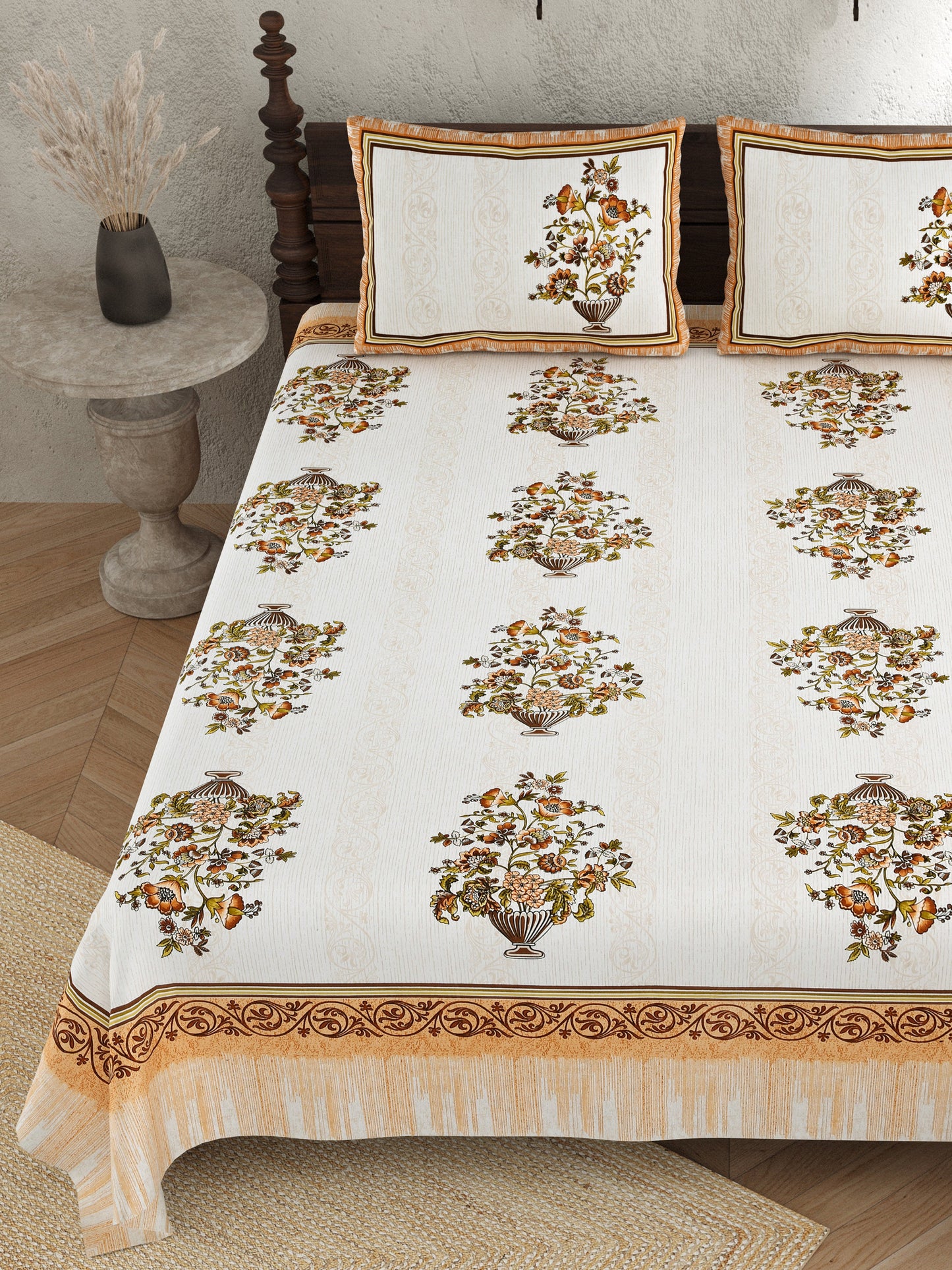 Pure Cotton Print Bedsheet-Double Bed-Flower Vase-Peachish Yellow