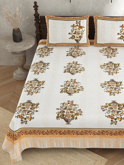 Pure Cotton Print Bedsheet-Double Bed-Flower Vase-Peachish Yellow