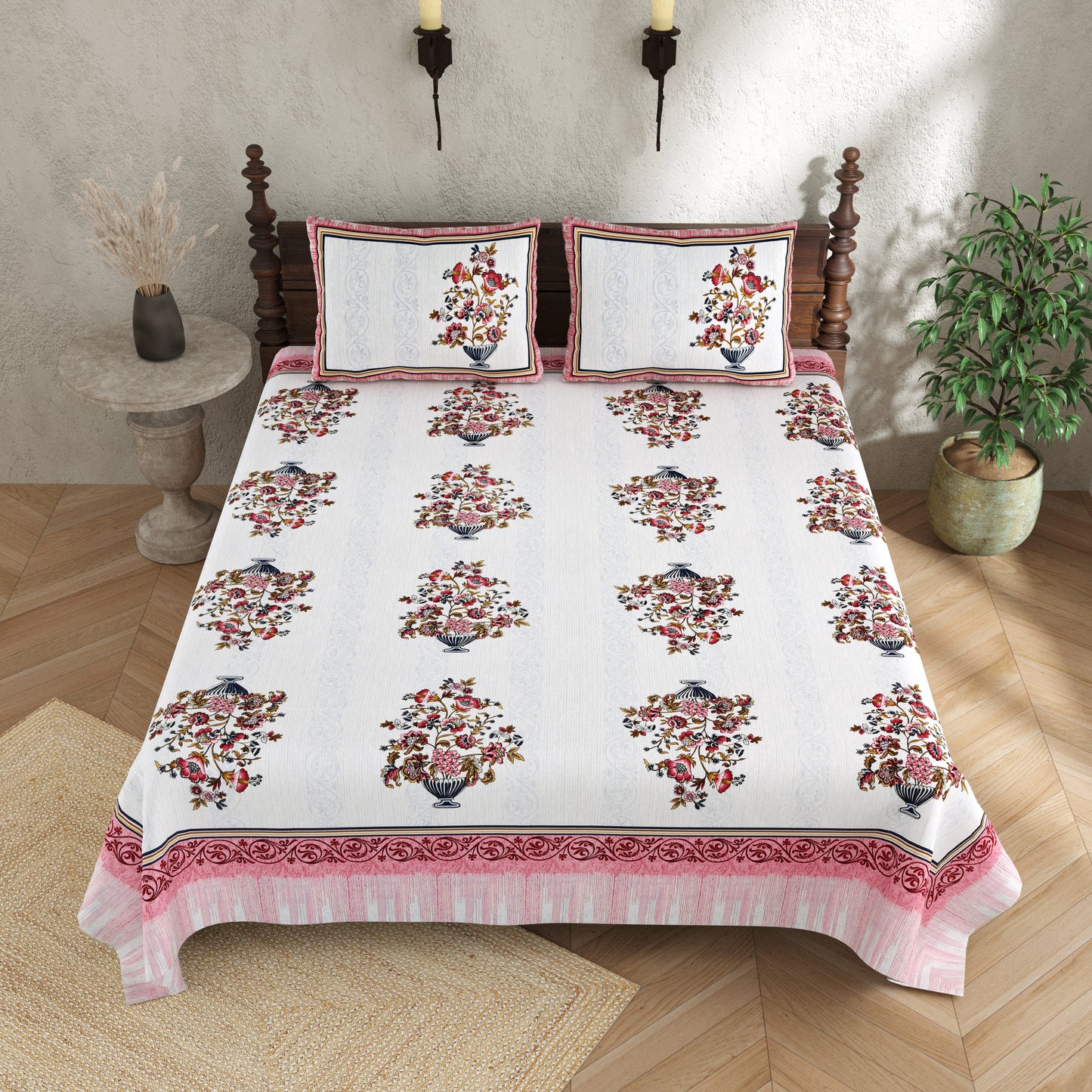 Pure Cotton Printed Bedsheet-Double Bed-Flower Vase-Pink