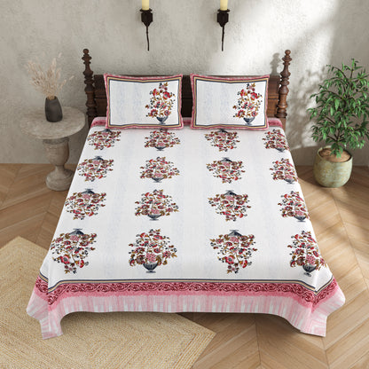 Pure Cotton Printed Bedsheet-Double Bed-Flower Vase-Pink