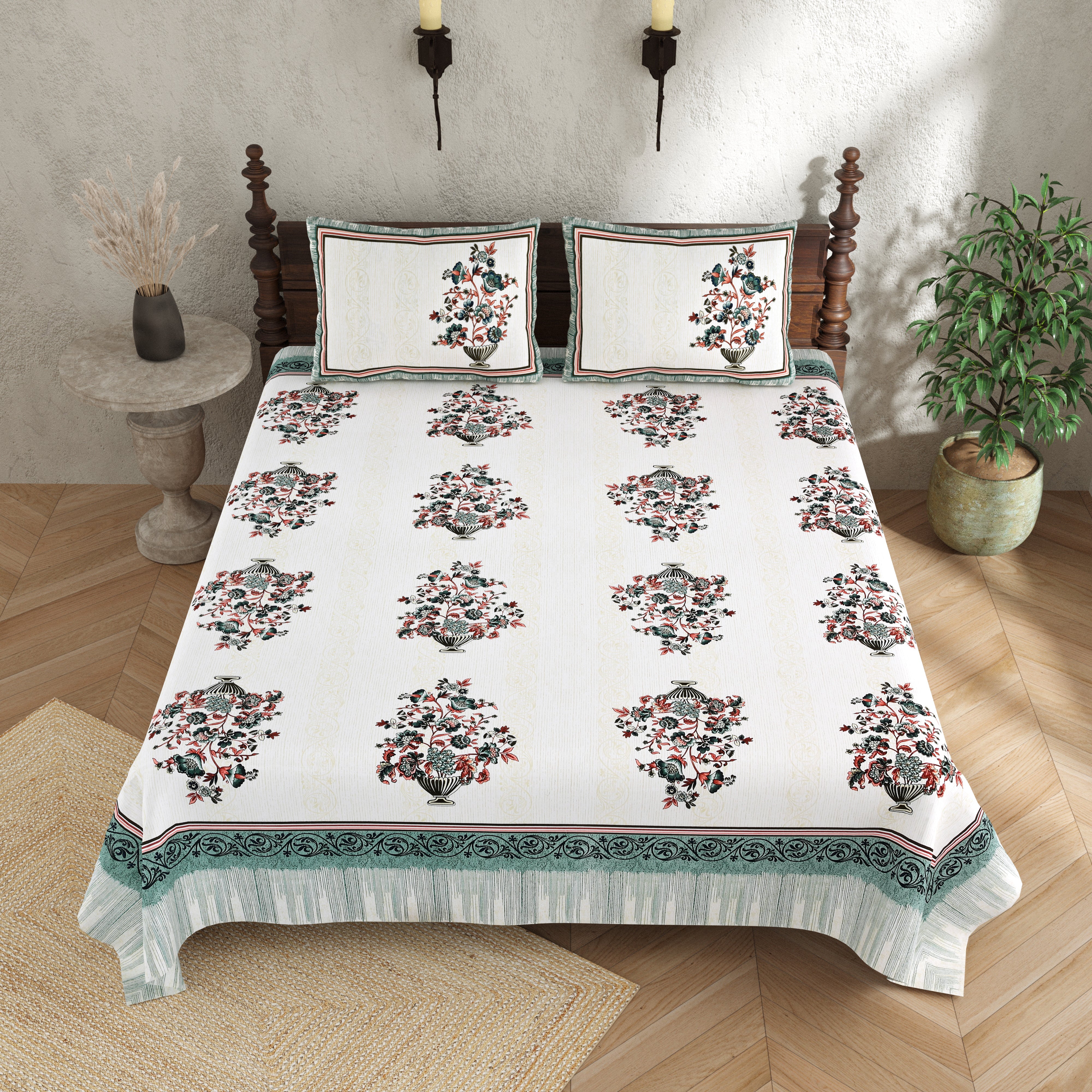 Pure Cotton Printed Bedsheet-Double Bed-Flower Vase-Green