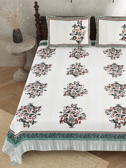 Pure Cotton Printed Bedsheet-Double Bed-Flower Vase-Green