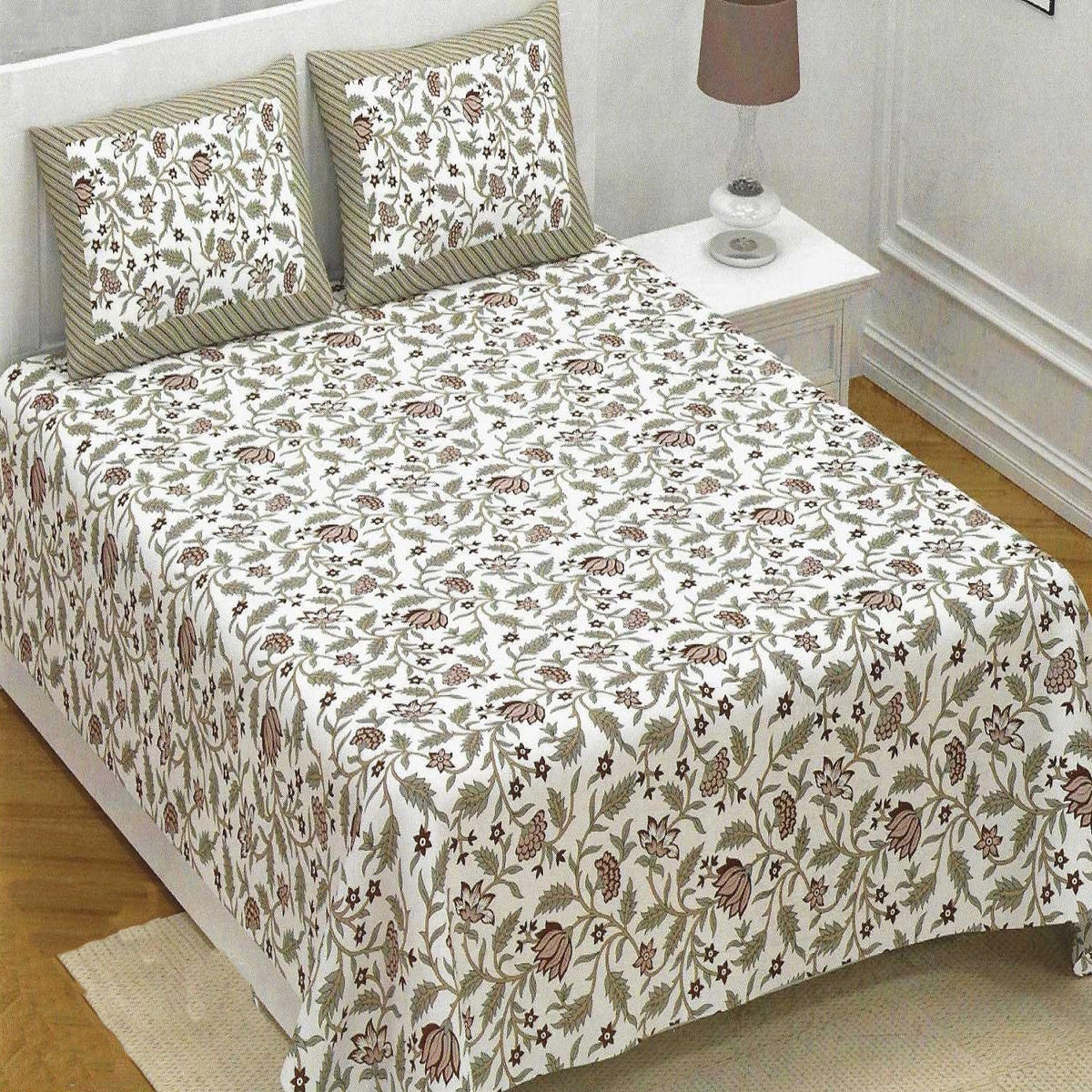 Bedsheet-Double Bed-Grey n Brown Ethnic Mughal Flora (QS)