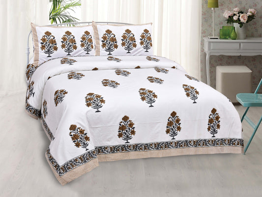 Pure Cotton Printed Bedsheet- Double Bed -Flower Tree - Light Brown