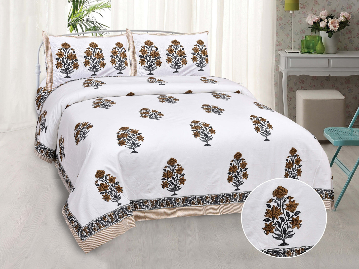 Pure Cotton Printed Bedsheet- Double Bed -Flower Tree - Light Brown