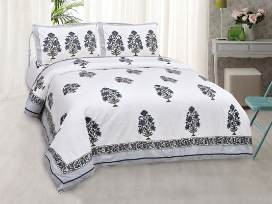 Pure Cotton Printed Bedsheet- Double Bed -Flower Tree - Greyish Blue