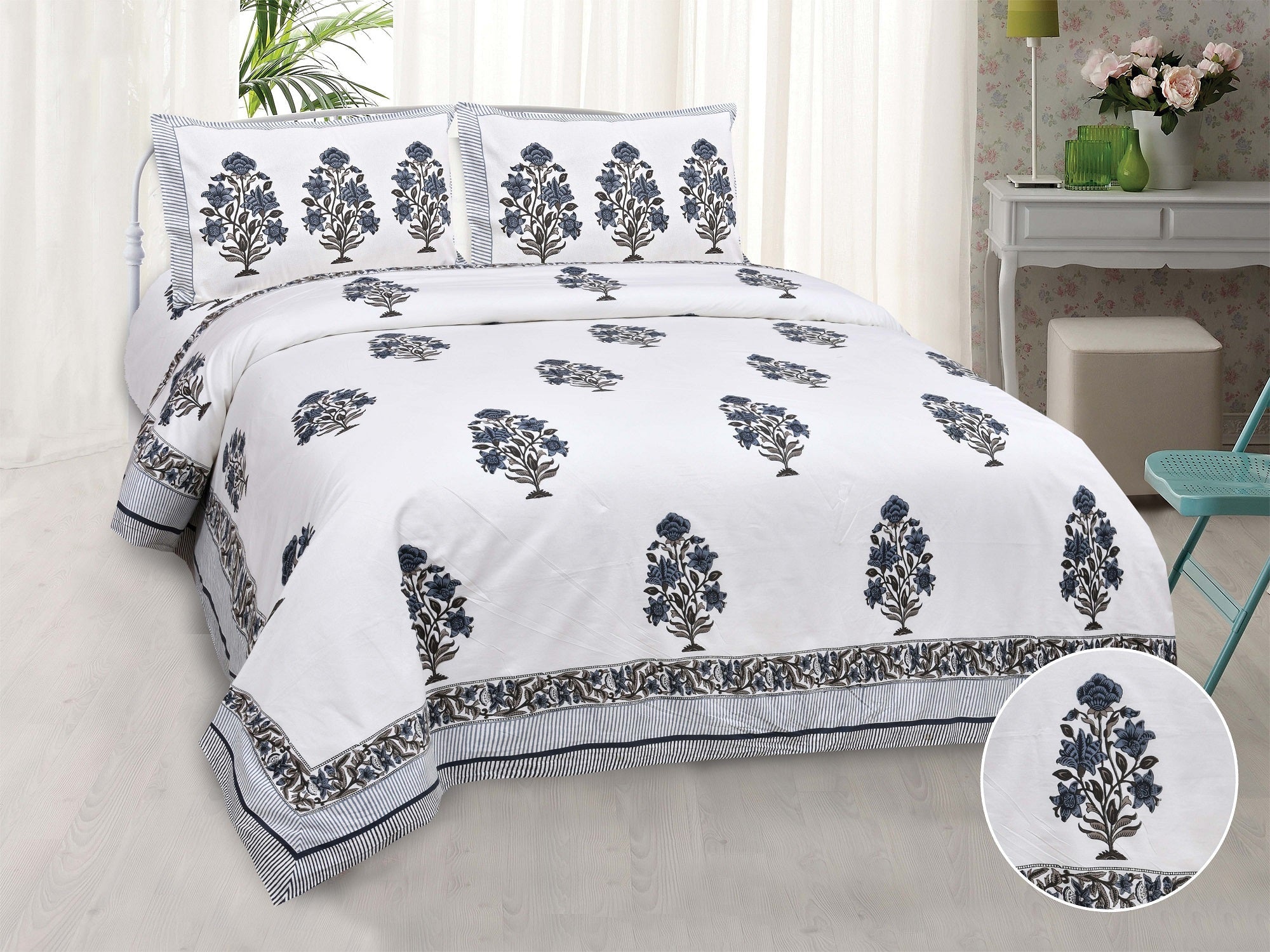 Pure Cotton Printed Bedsheet- Double Bed -Flower Tree - Greyish Blue