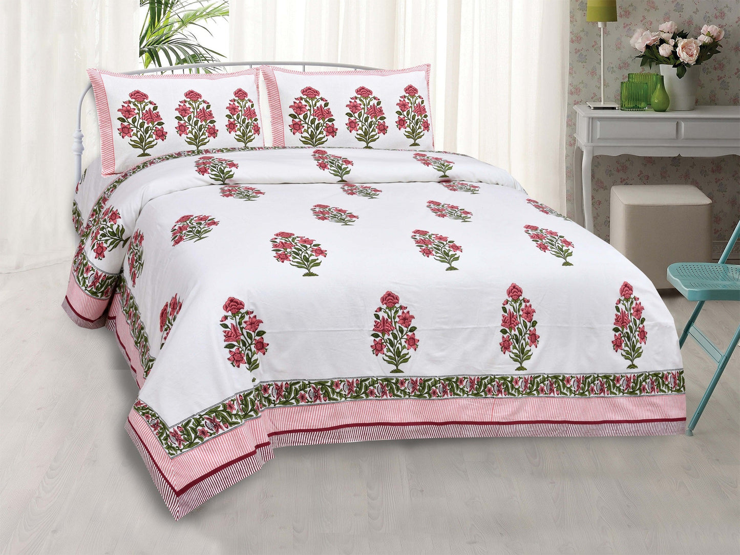 Pure Cotton Printed Bedsheet-Double Bed-Flower Tree-Pink