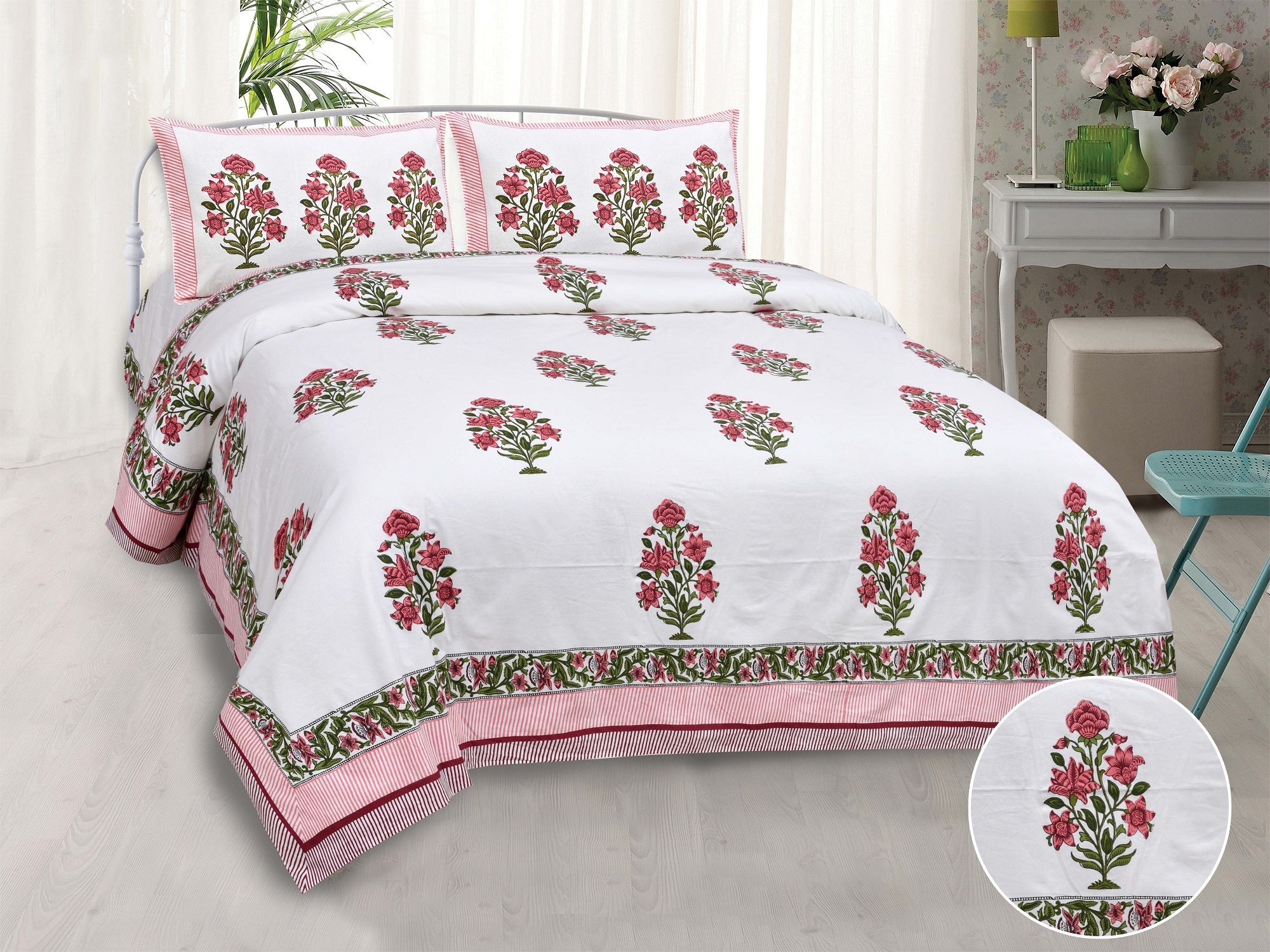 Pure Cotton Printed Bedsheet-Double Bed-Flower Tree-Pink