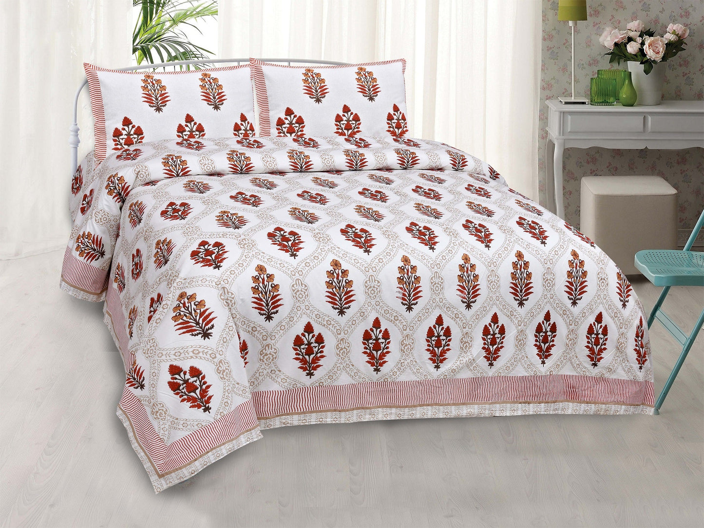 Pure Cotton Printed Bedsheet- Double Bed - Patterned Flower Tree - Red