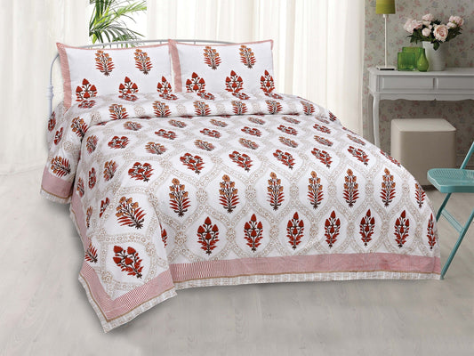 Pure Cotton Printed Bedsheet- Double Bed - Patterned Flower Tree - Red