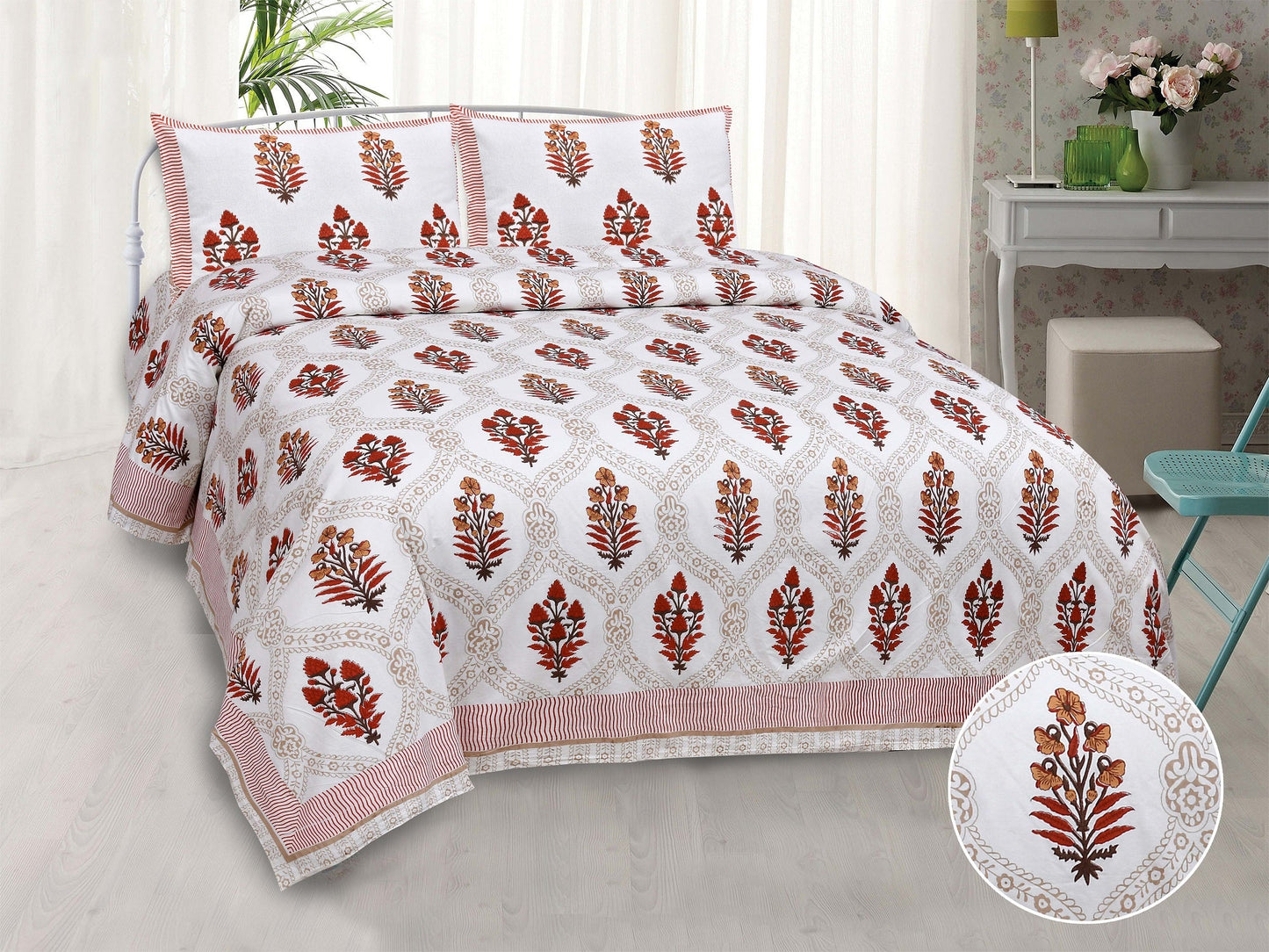Pure Cotton Printed Bedsheet- Double Bed - Patterned Flower Tree - Red