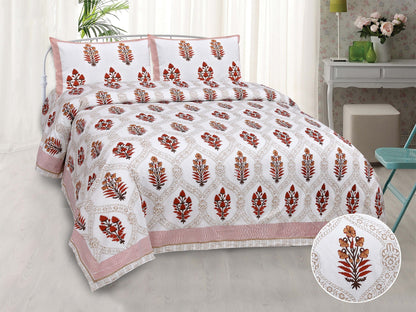Pure Cotton Printed Bedsheet- Double Bed - Patterned Flower Tree - Red