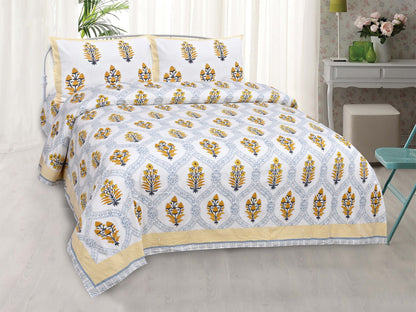 Pure Cotton Printed Bedsheet-Double Bed-Patterned Flower Tree - Yellow