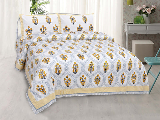 Pure Cotton Printed Bedsheet-Double Bed-Patterned Flower Tree - Yellow