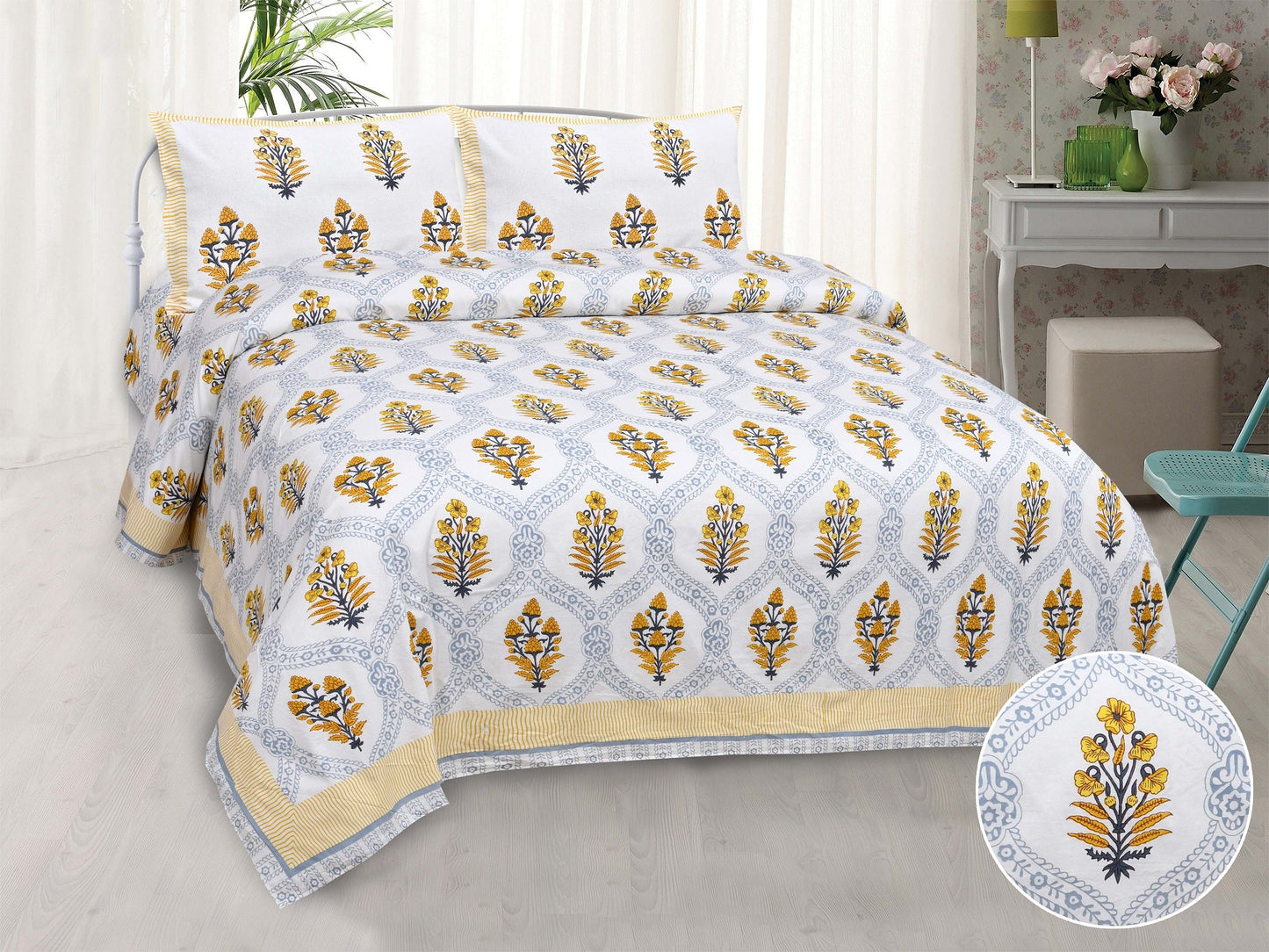 Pure Cotton Printed Bedsheet-Double Bed-Patterned Flower Tree - Yellow