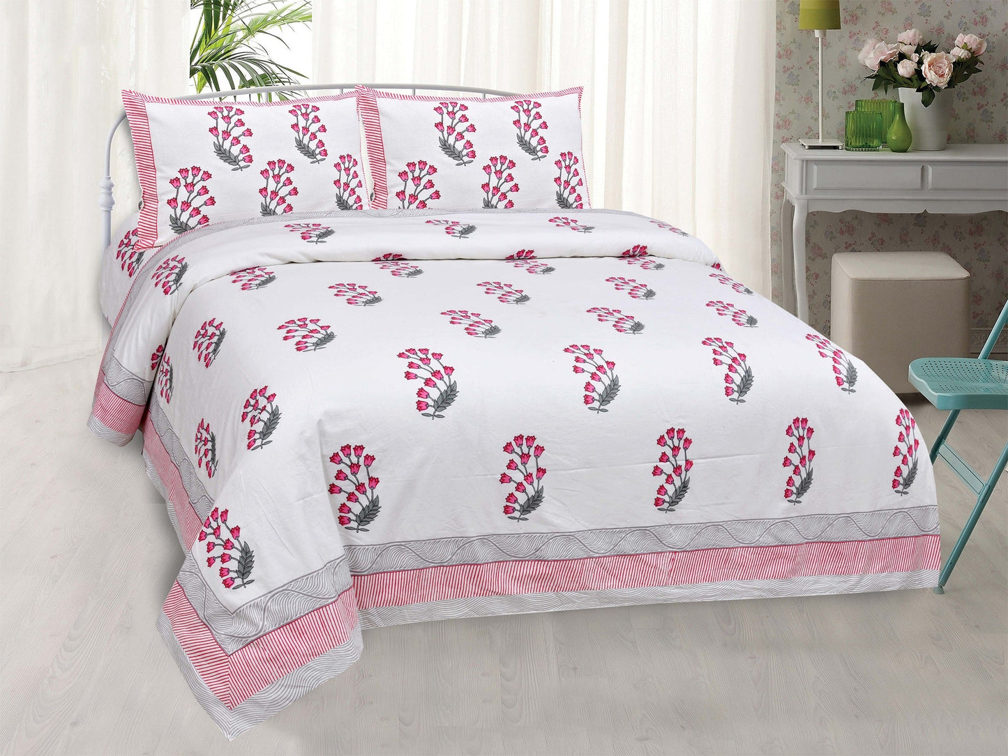 Pure Cotton Printed Bedsheet- Double Bed - Tulip Motifs - Pink