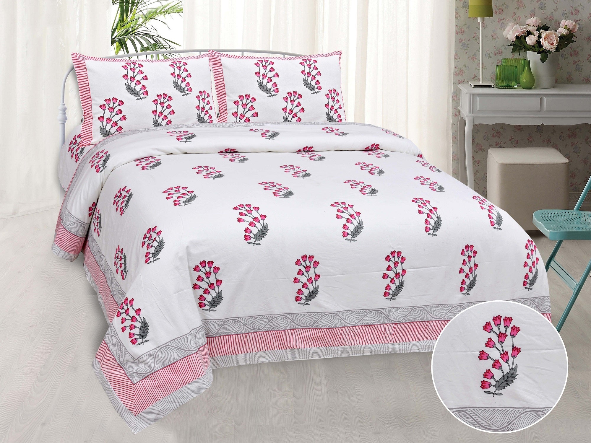 Pure Cotton Printed Bedsheet- Double Bed - Tulip Motifs - Pink
