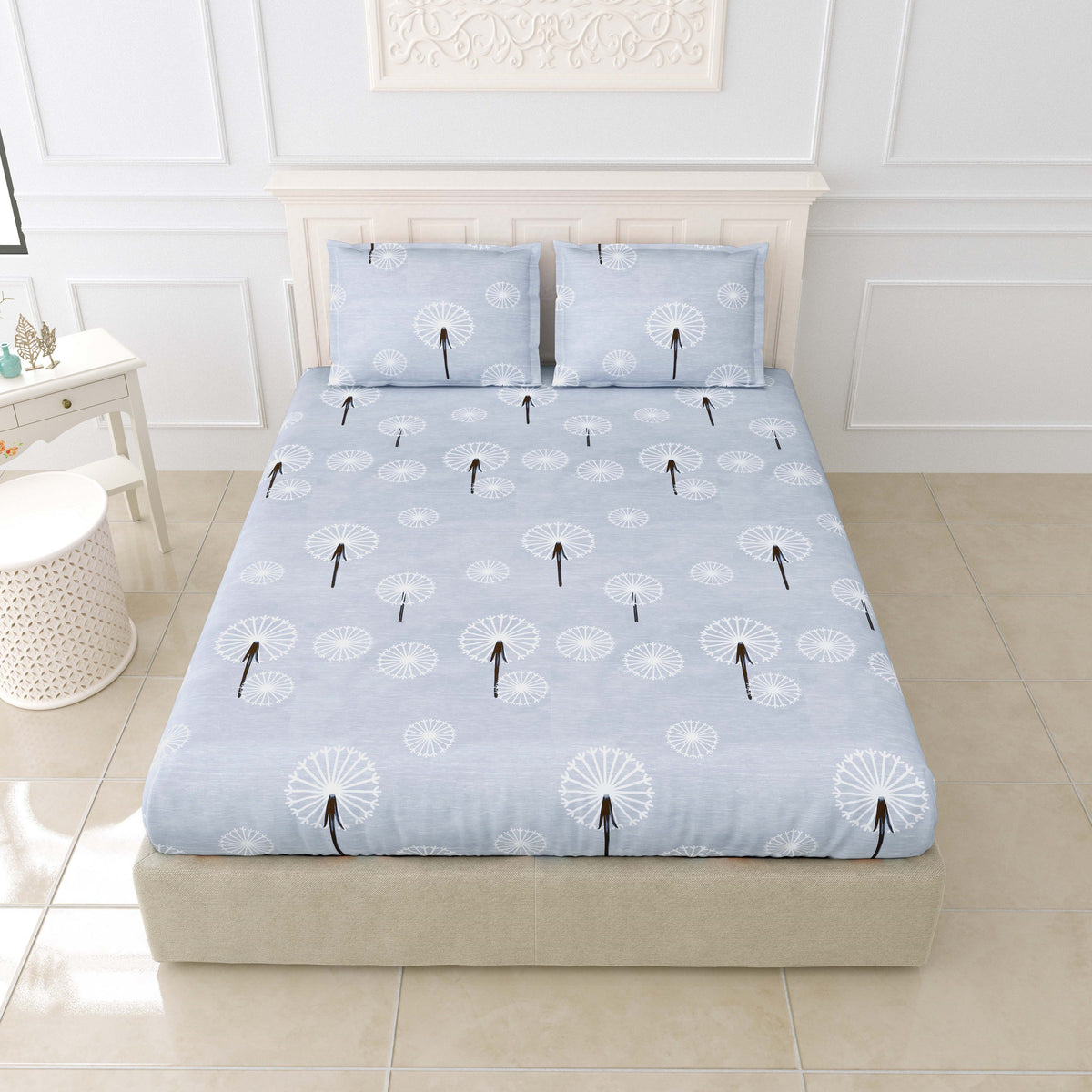 Printed Bedsheet- Double Bed -Grey Dandelions