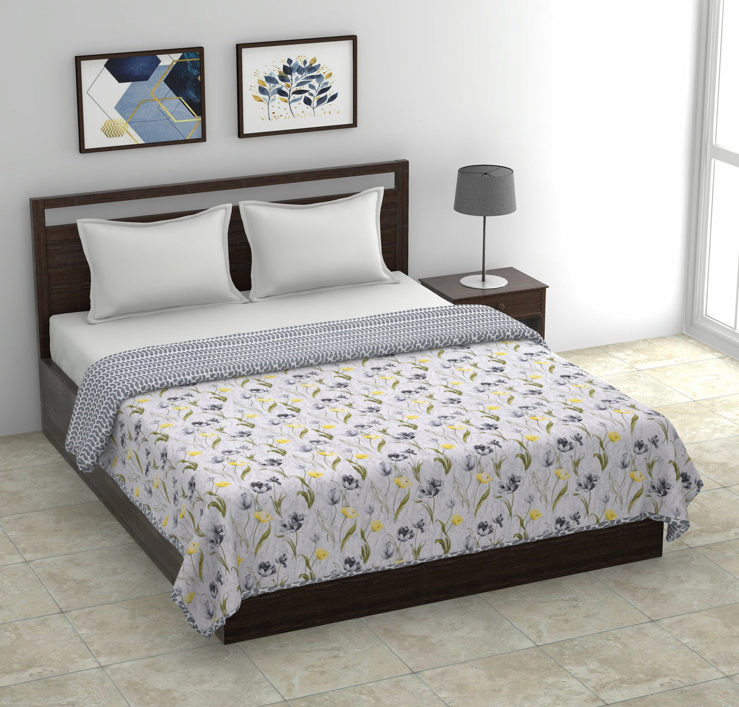 Dohar Cotton-Double Bed- Gray Tulips