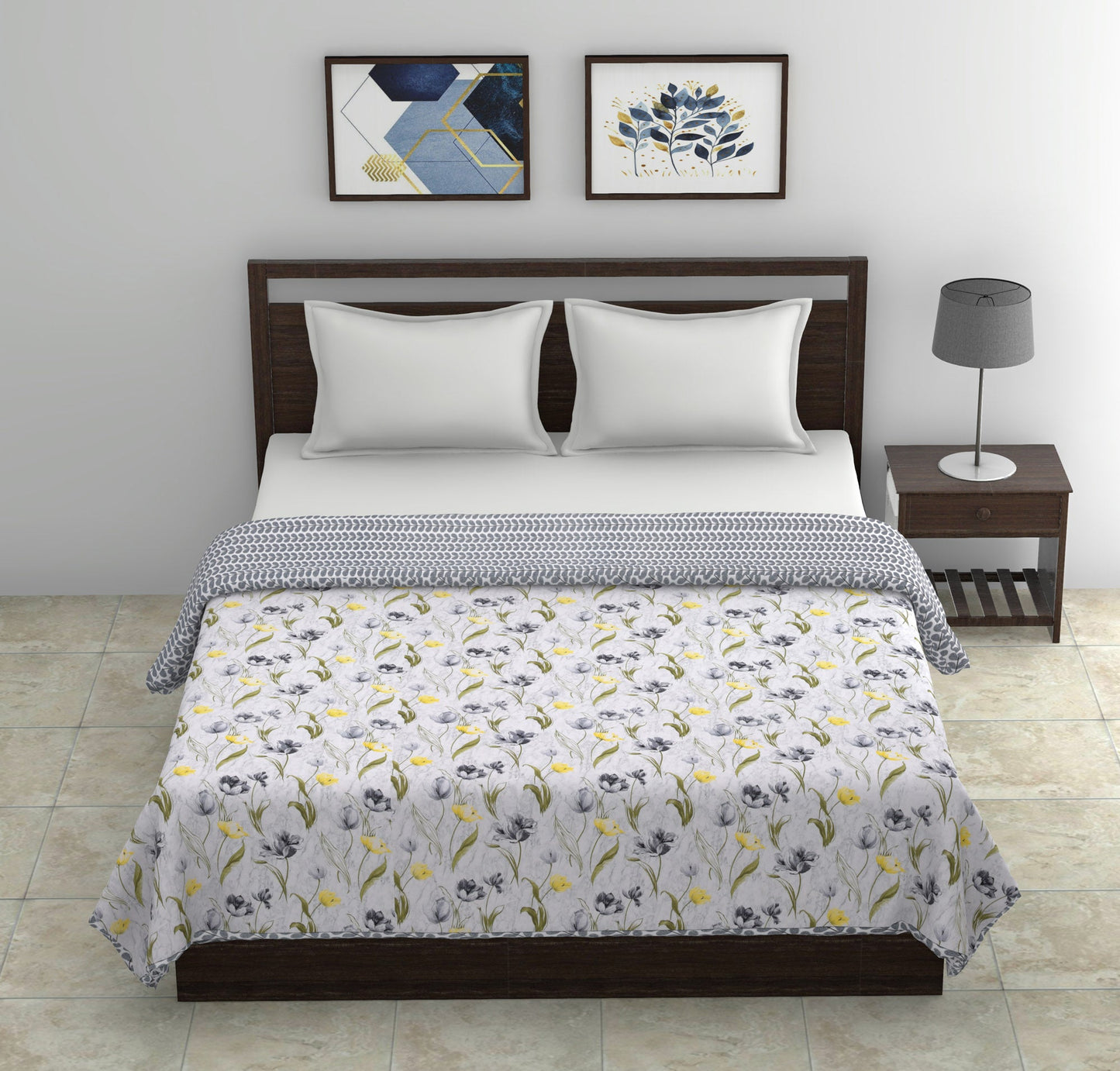 Dohar Cotton-Double Bed- Gray Tulips
