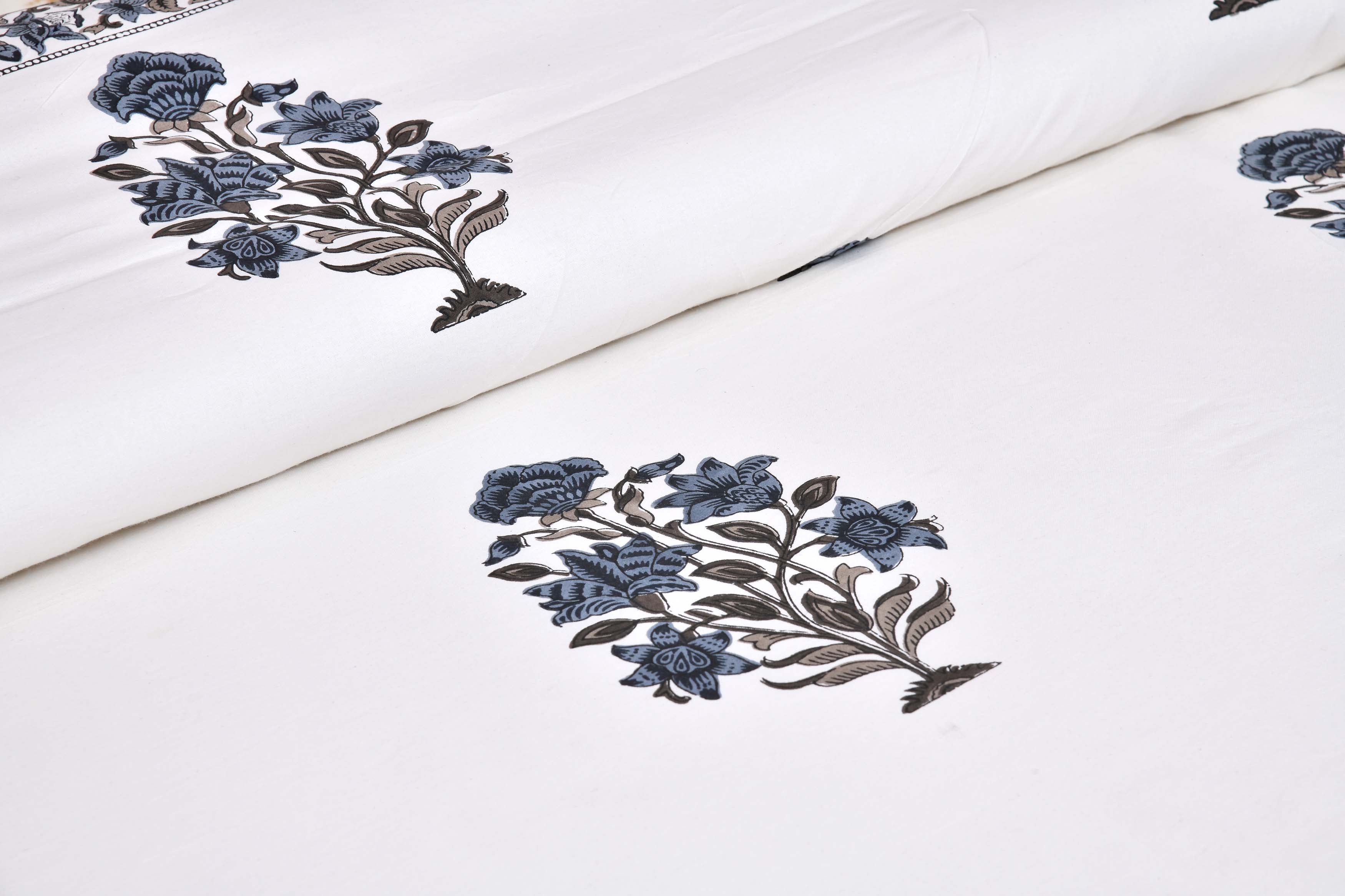 Pure Cotton Printed Bedsheet- Double Bed -Flower Tree - Greyish Blue