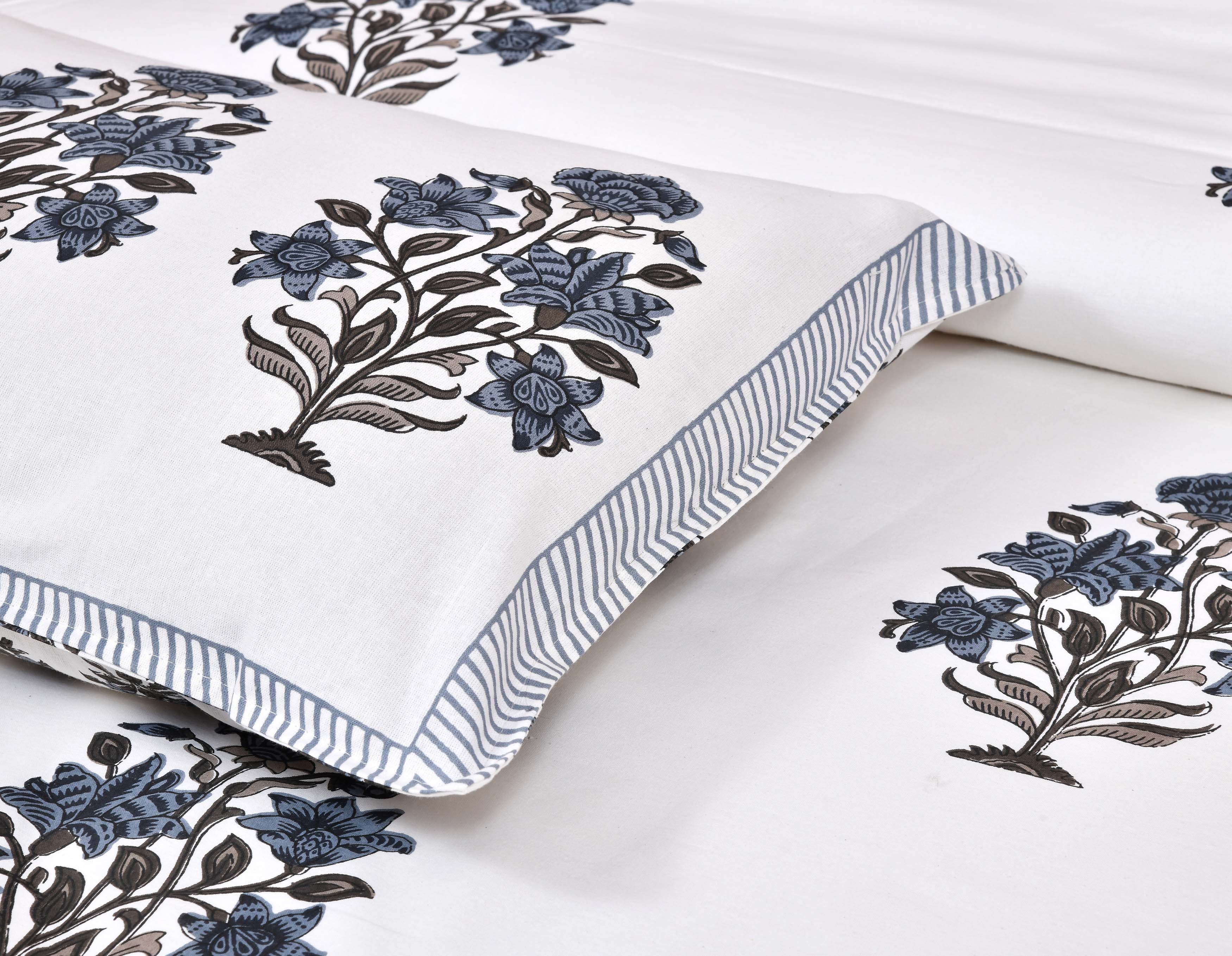 Pure Cotton Printed Bedsheet- Double Bed -Flower Tree - Greyish Blue