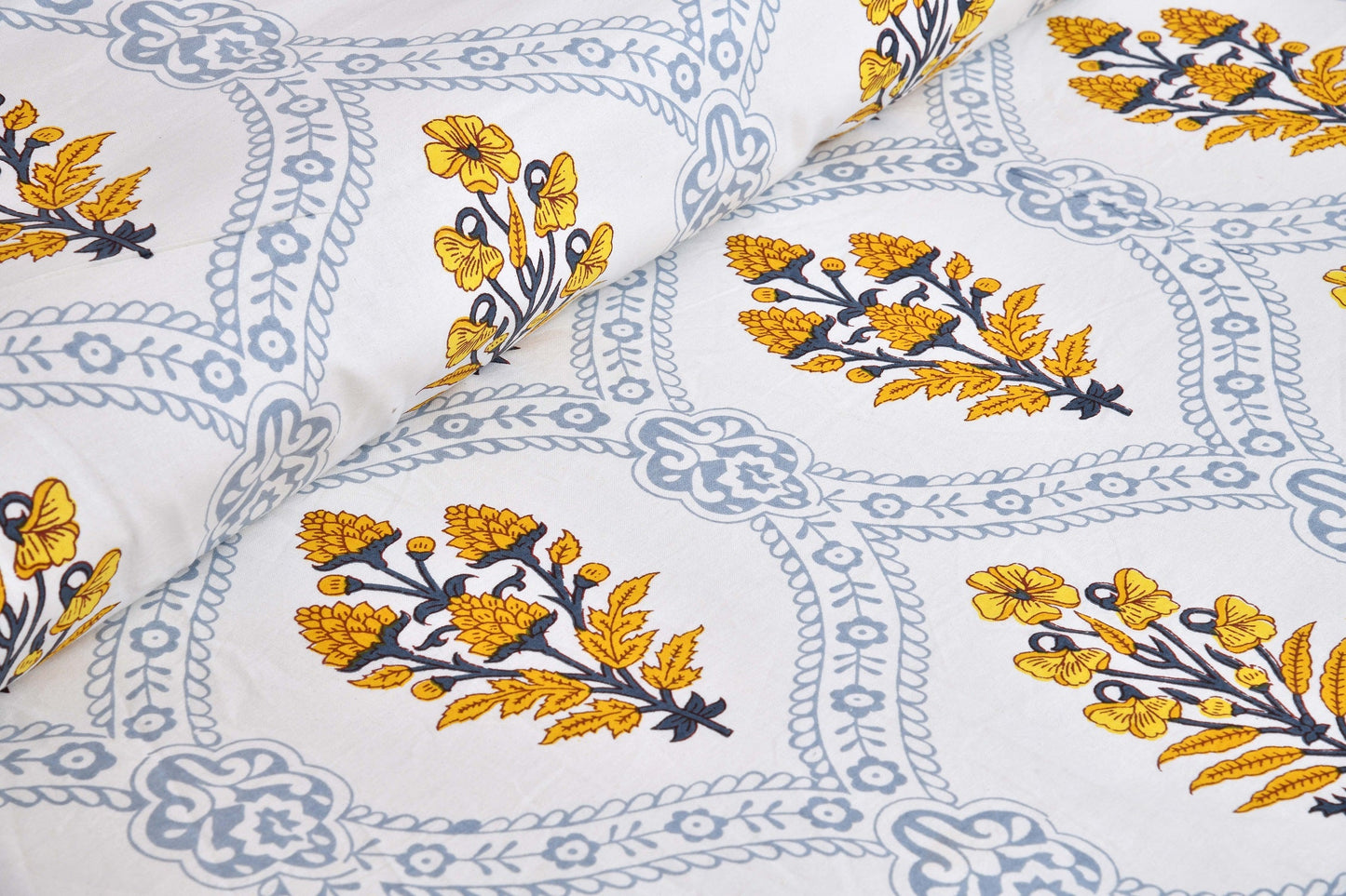 Pure Cotton Printed Bedsheet-Double Bed-Patterned Flower Tree - Yellow