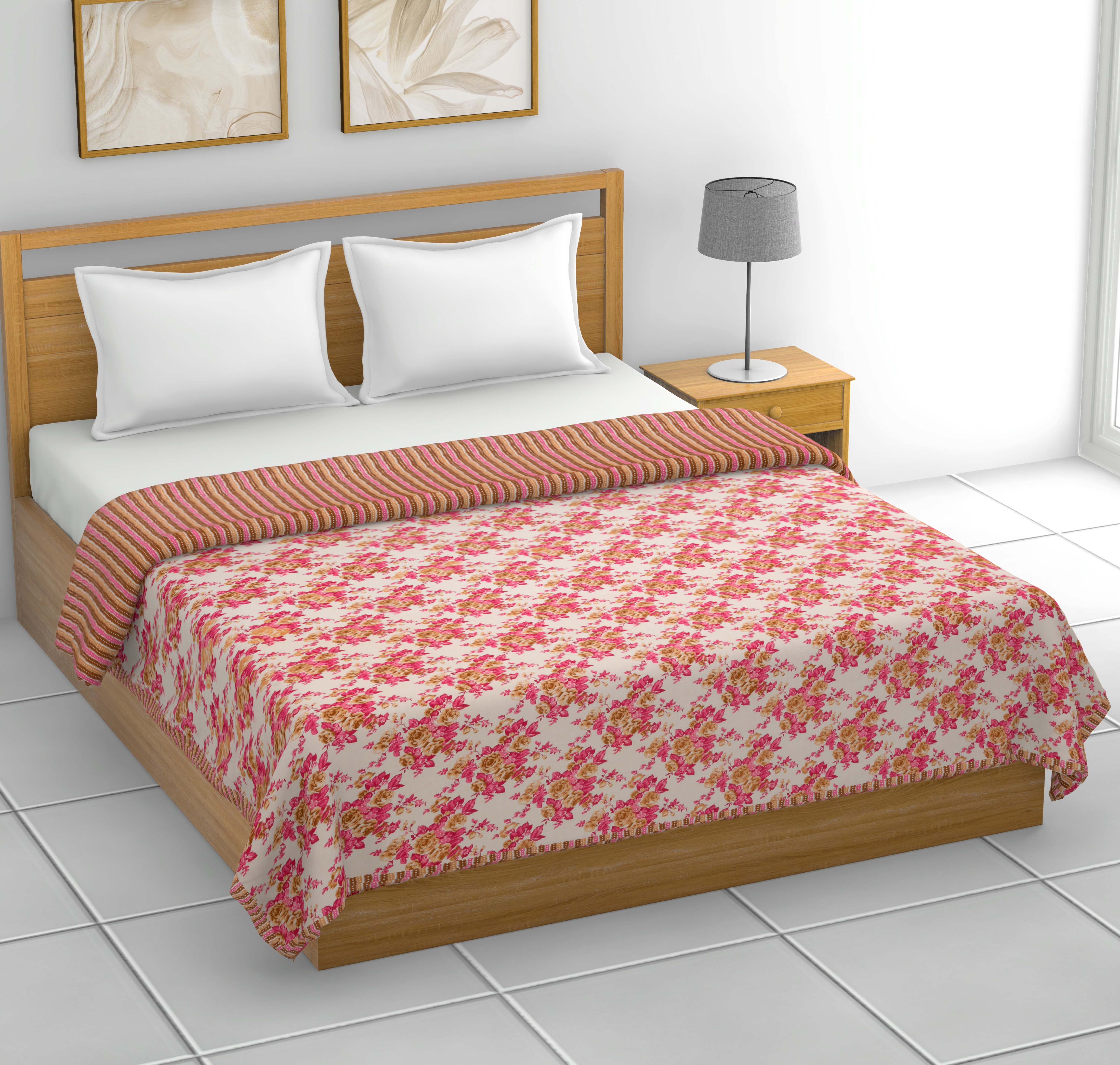 Dohar Cotton-Double Bed- Rose Bouquet Pink N Brown