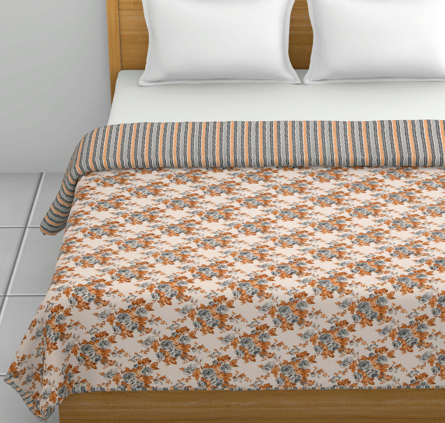 Dohar Cotton-Double Bed- Rose Bouquet Yellow N Gray