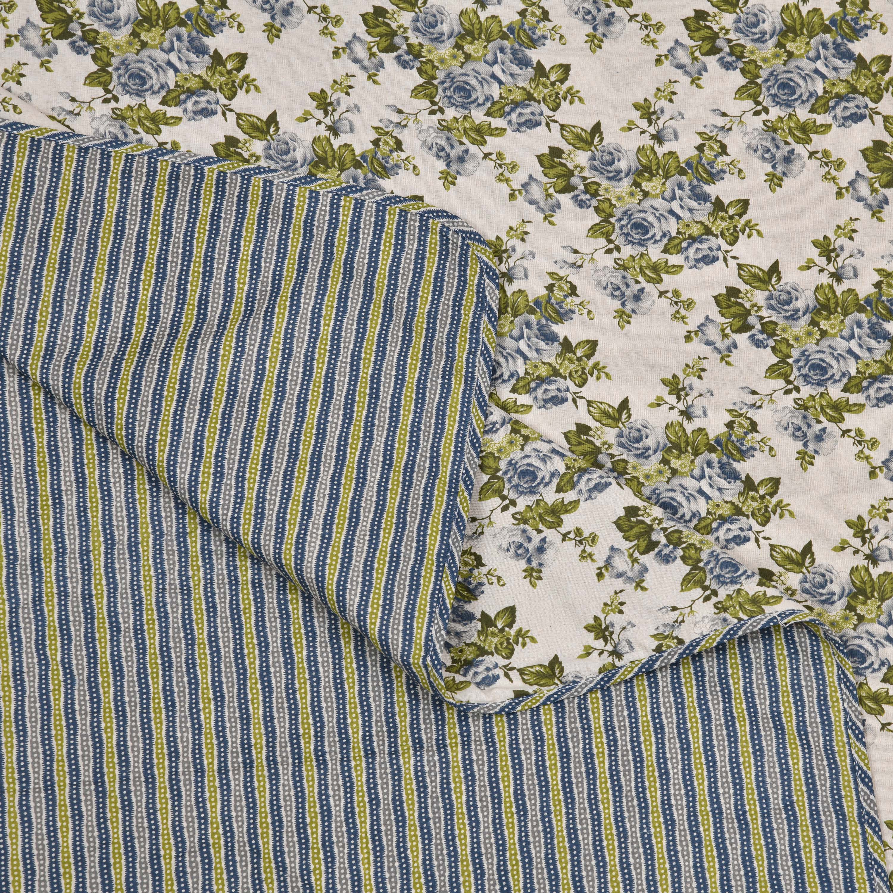 Dohar Cotton-Double Bed-Rose Bouquet Green N Blue