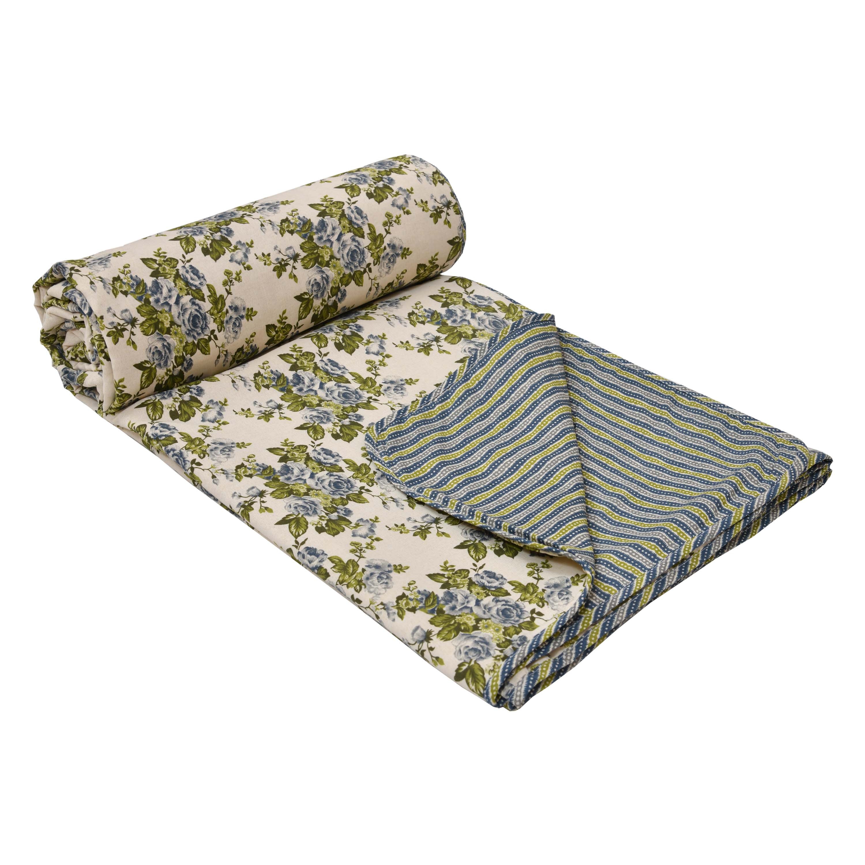 Dohar Cotton-Double Bed-Rose Bouquet Green N Blue