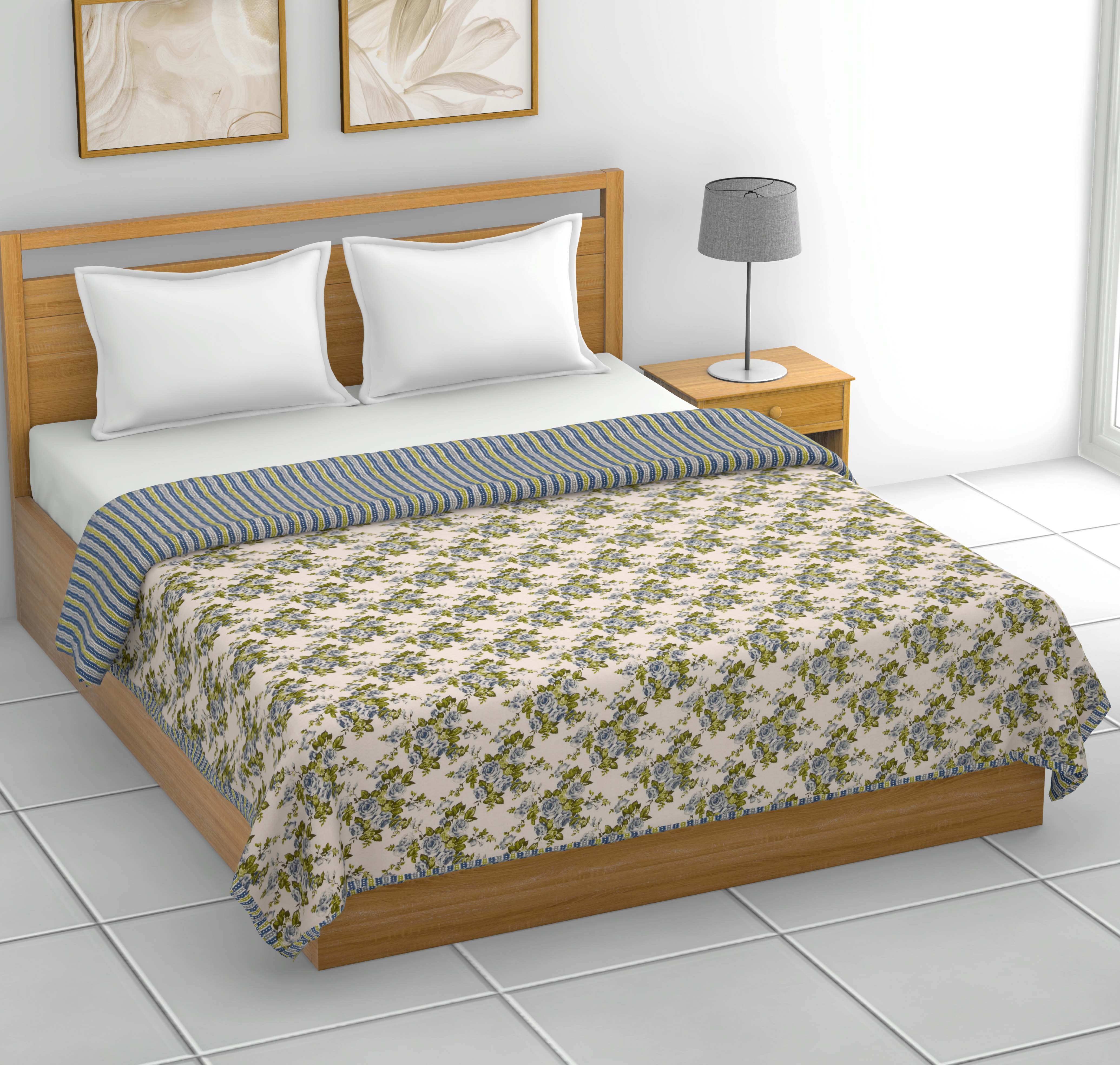 Dohar Cotton-Double Bed-Rose Bouquet Green N Blue