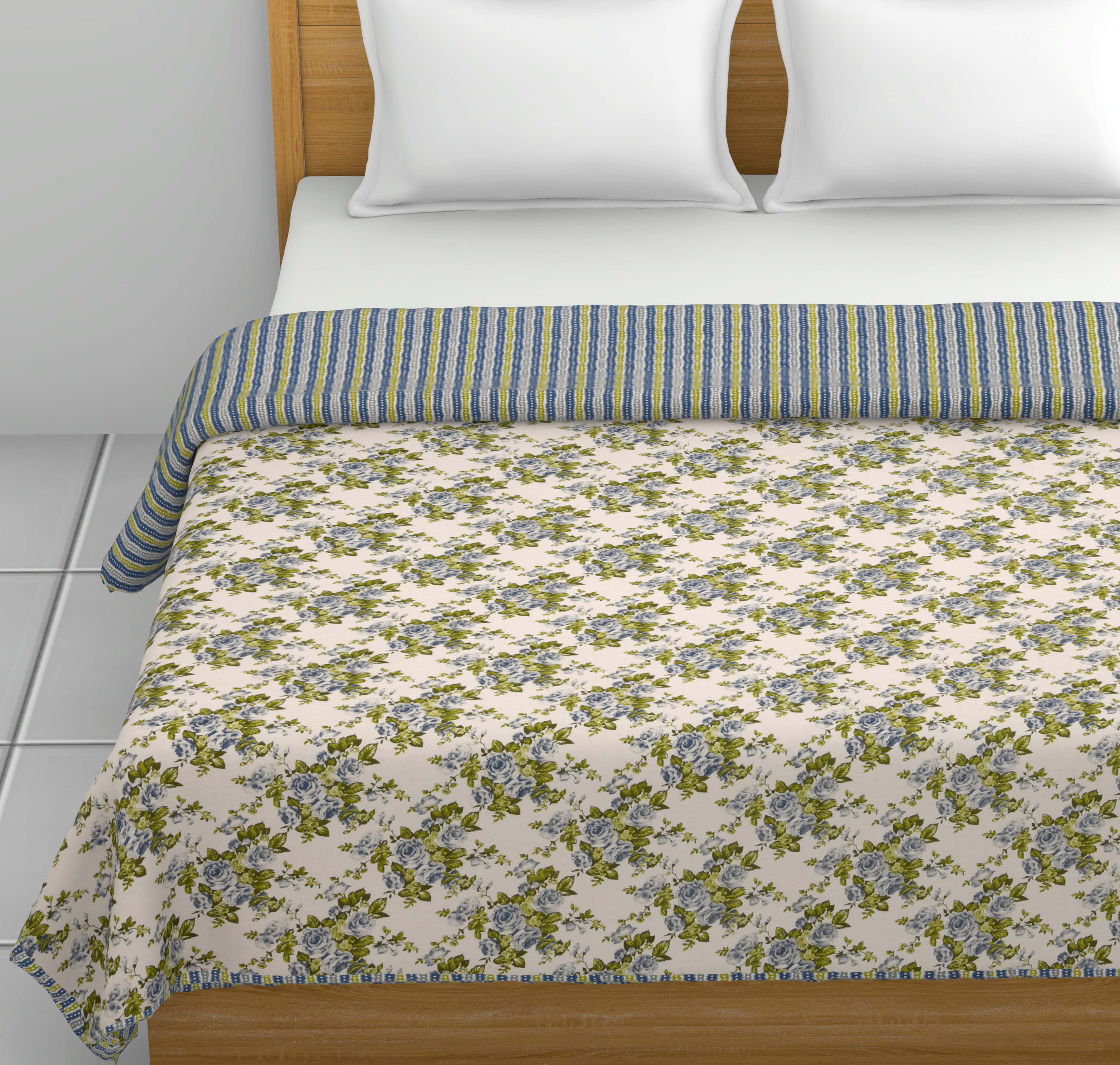 Dohar Cotton-Double Bed-Rose Bouquet Green N Blue