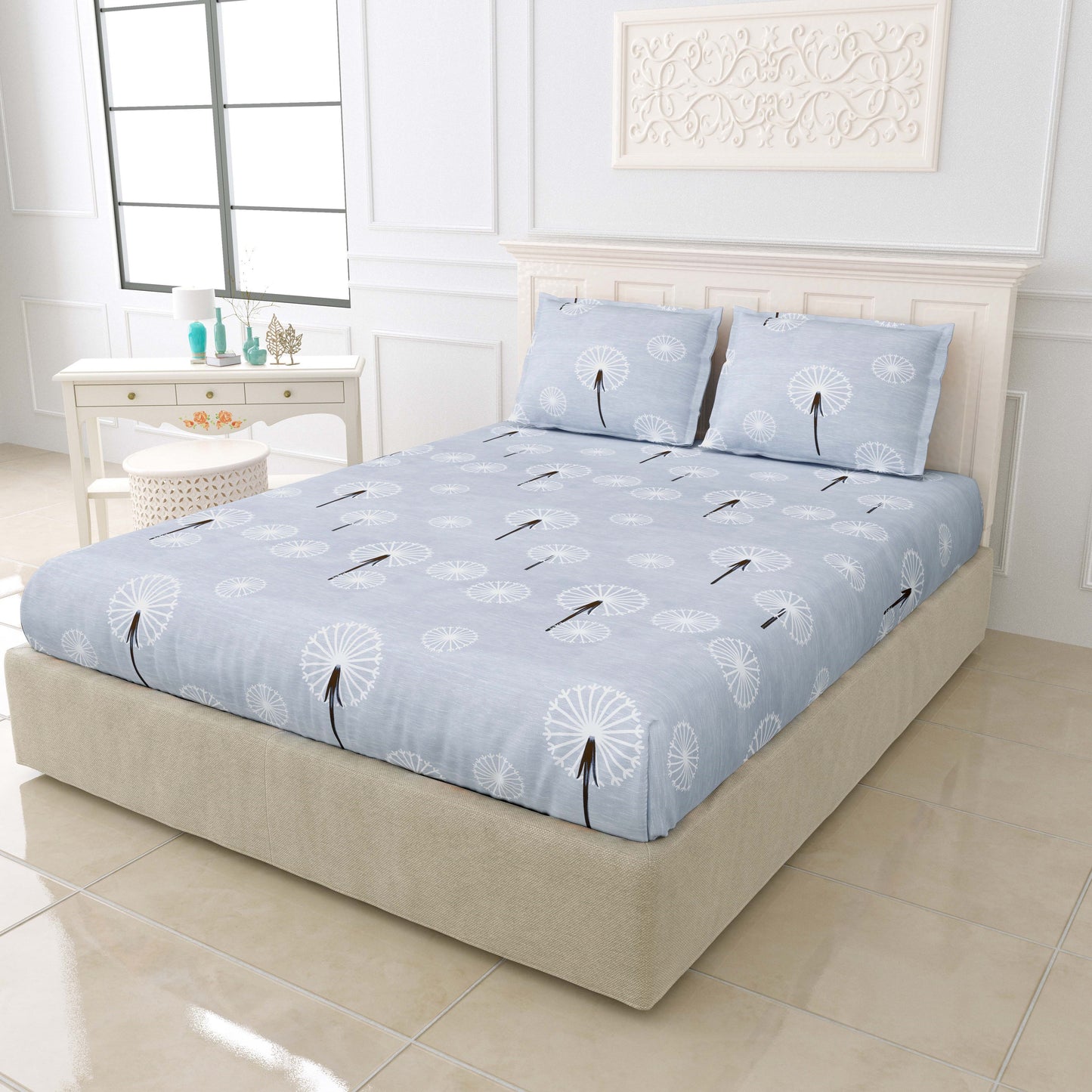Printed Bedsheet- Double Bed -Grey Dandelions