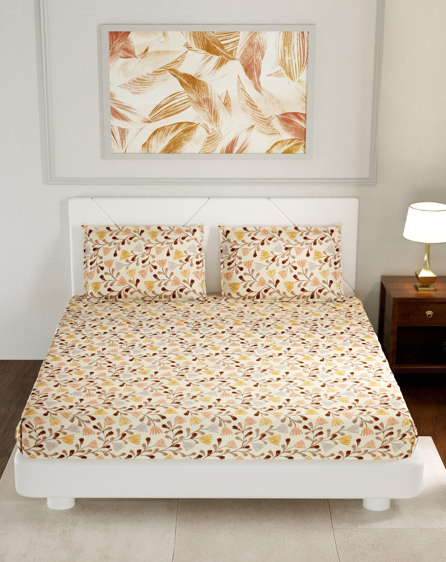 Pure Cotton Printed Bedsheet- Double Bed -Brown Leaf