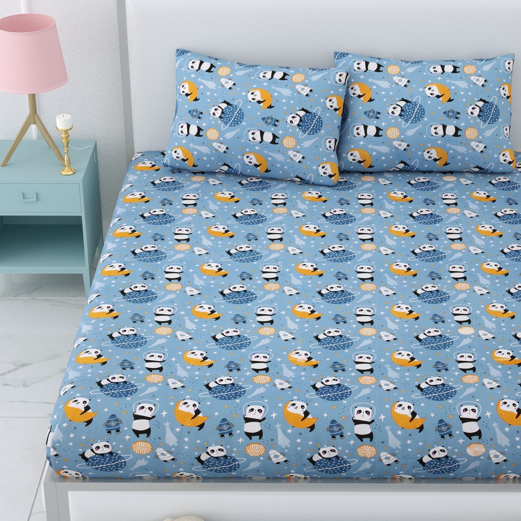 Pure Cotton Printed Bedsheet- Double Bed -For Kids - Panda Universe